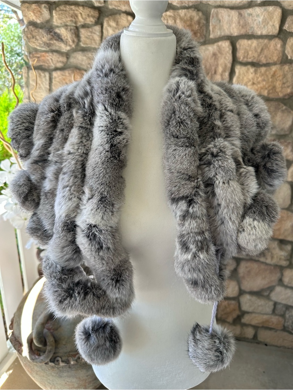 Luxury Gray real LePen (Rabbit) Fur Shrug with Pom-Pom Accents